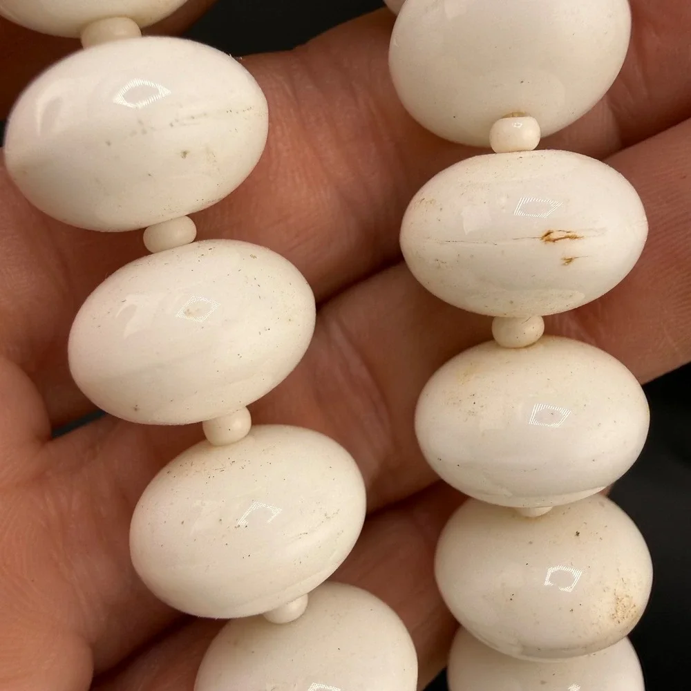Vintage Glass Beaded Necklace Graduated Oval White Milk Strand 23 Inch